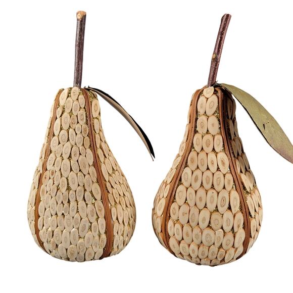 Set of 2 Handmade Wooden Pear Ornaments with Natural Bark and Leaf Accents - Picture 1 of 12